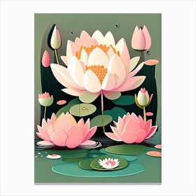 Blooming Lotus Flower In Pond Scandi Cartoon 1 Canvas Print