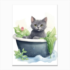 Russian Blue Cat In Bathtub Botanical Bathroom 2 Canvas Print
