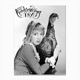 Funny Thanksgiving Poster, Young Woman Hugging Her Loving Turkey Canvas Print