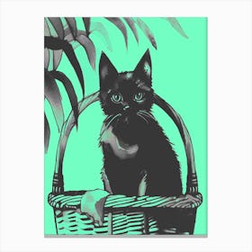 Black Kitty Cat In A Basket Pastel Green Canvas Print
