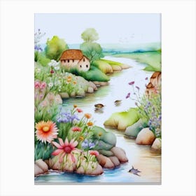 Watercolor Of A River With Flowers Canvas Print
