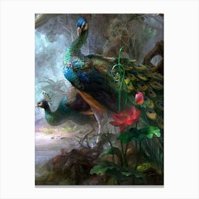 Peacocks In The Forest Canvas Print