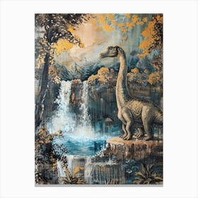 Dinosaur By A Waterfall Painting 1 Canvas Print