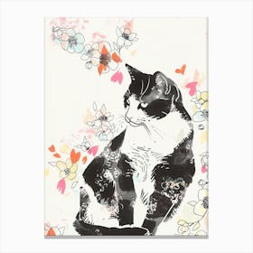 Cute Black And White Cat With Flowers Illustration 1 Canvas Print