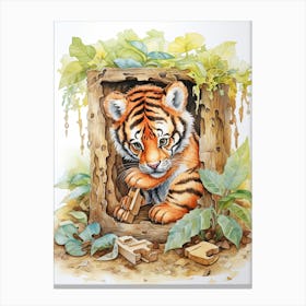Tiger Illustration Solving Puzzles Watercolour 1 Canvas Print
