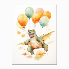 Crocodile Flying With Autumn Fall Pumpkins And Balloons Watercolour Nursery 1 Canvas Print