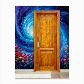 Oil Painting Of A Wooden Door Ajar Revealing A Spiraling Galaxy Contrasted Against A Wall Adorned Canvas Print