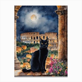 Black Cat at The Colosseum Rome - Iconic Italy Cityscapes Italian Ancient Buildings Traditional Watercolor Art Print Kitty Travels Home and Room Wall Art Cool Decor Klimt and Matisse Inspired Modern Awesome Cool Unique Pagan Witchy Witches Familiar Gift For Cat Lady Animal Lovers World Travelling Genuine Works by British Watercolour Artist Lyra O'Brien Canvas Print