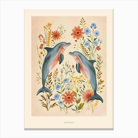 Folksy Floral Animal Drawing Dolphin 2 Poster Canvas Print