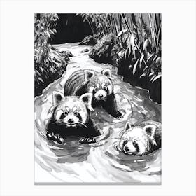 Red Panda Family Swimming Ink Illustration A River Ink Illustration 2 Canvas Print