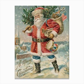 Santa Claus Carrying Christmas Tree Vintage Art Canvas Print