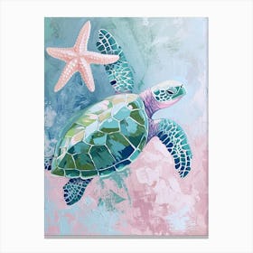 Sea Turtle With A Star Fish Pastel 1 Canvas Print