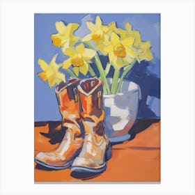 A Painting Of Cowboy Boots With Daffodils Flowers, Fauvist Style, Still Life 1 Canvas Print