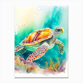 A Single Sea Turtle In Coral Reef, Sea Turtle Watercolour 1 Canvas Print