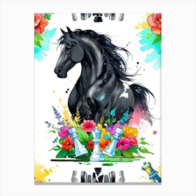 Black Horse With Flowers Canvas Print