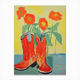 Painting Of Red Flowers And Cowboy Boots, Oil Style 2 Canvas Print