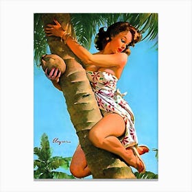 Pinup Sexy Girl On A Coconut Tree, Funny Vintage Poster Canvas Print