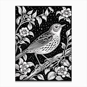 B&W Bird Linocut Hermit Thrush 1 Canvas Print