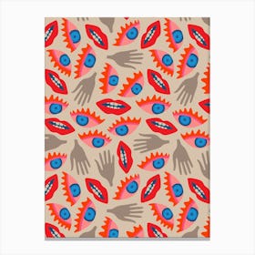 DISEMBODIED Surrealism Eyes Mouth Lips Hands in Retro Red Blush Blue Gray Canvas Print