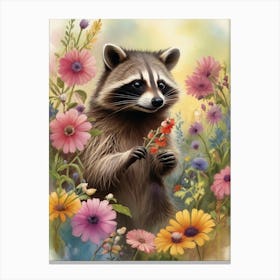 Vintage Raccoon In Flowers Canvas Print