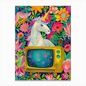 Unicorn Watching Tv Floral Fauvism Painting 3 Canvas Print