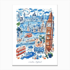London City England Illustration Line Art Travel Blue Canvas Print