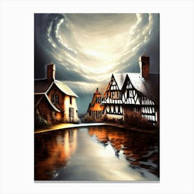 Village Reflections Snow Sky Dramatic Town House Cottages Pond Lake City Canvas Print