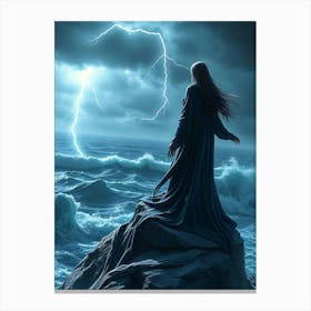 Woman Standing On A Rock by The Ocean Canvas Print