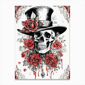 Floral Skeleton With Hat Ink Painting (75) Canvas Print