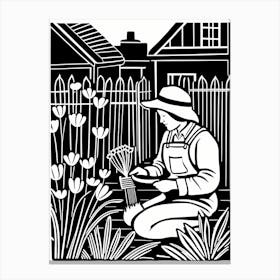 Gardening Linocut Black And White Painting, in to the garden, garden Canvas Print