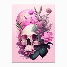 Skull With Celestial Themes 3 Pink Botanical Canvas Print