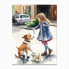 Little Girl Playing With Dogs Canvas Print