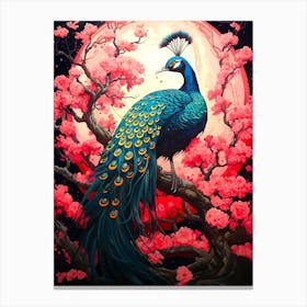Peacock In Cherry Blossoms 2 Canvas Print