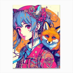 Pretty Anime Girl with Fox 6 Canvas Print