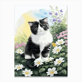 Cute Kitten And Flowers Watercolor Canvas Print