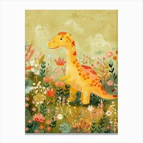 Cute Dinosaur In A Meadow Storybook Painting 3 Canvas Print