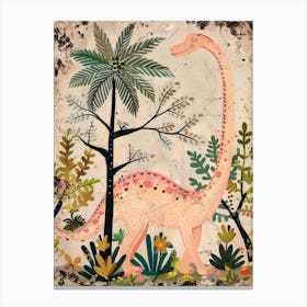 Pink Dinosaur & A Palm Tree Storybook Style Painting Canvas Print