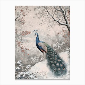 Vintage Peacock Snow Scene 1 Canvas Print