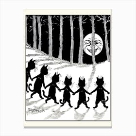 The Wink by Louis Wain - Famous Vintage Black Cats Dancing by The Smiling Full Moon - Retro Kitties Dance in the Moonlit Forest - Witchy Pagan Fairytale Magic Black and White Monochrome Canvas Print