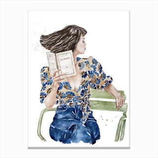 Parisienne With A Book Blue & Brown Canvas Print