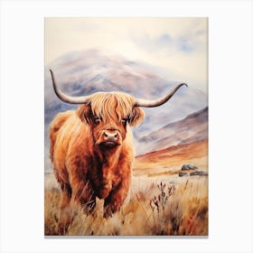 Curious Highland Cow In Field With Rolling Hills Watercolour 6 Canvas Print