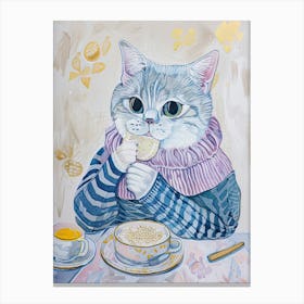 Grey And White Cat Having Breakfast Folk Illustration 4 Canvas Print