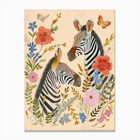 Folksy Floral Animal Drawing Zebra 3 Canvas Print