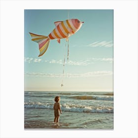 An Endearing Scene Of A Child Amused With A Weightless Oversized Candy Stripe Fish Floating Above (4) Canvas Print