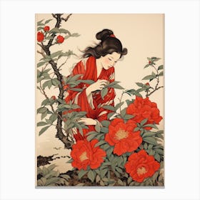 Tsubaki Camellia 2 Vintage Japanese Botanical And Geisha Canvas Print
