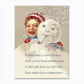 Boy Hiding Behind Snowman, Holiday Poster Canvas Print