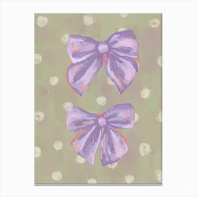 Two Purple Bows on a Sage Background. Gouache Painting Canvas Print