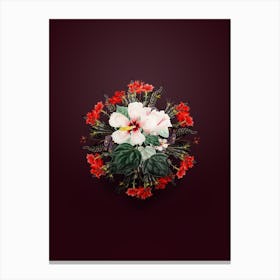 Vintage Marsh Hibiscus Floral Wreath on Wine Red n.0783 Canvas Print
