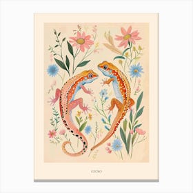 Folksy Floral Animal Drawing Gecko 2 Poster Canvas Print