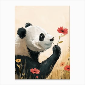 Giant Panda Sniffing A Flower Storybook Illustration 4 Canvas Print